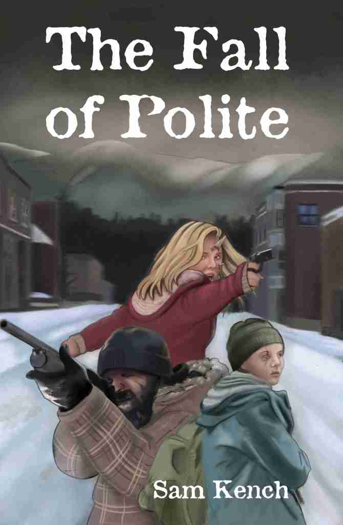 The Fall of Polite book cover depicting three characters on a snowy road in a small town.
